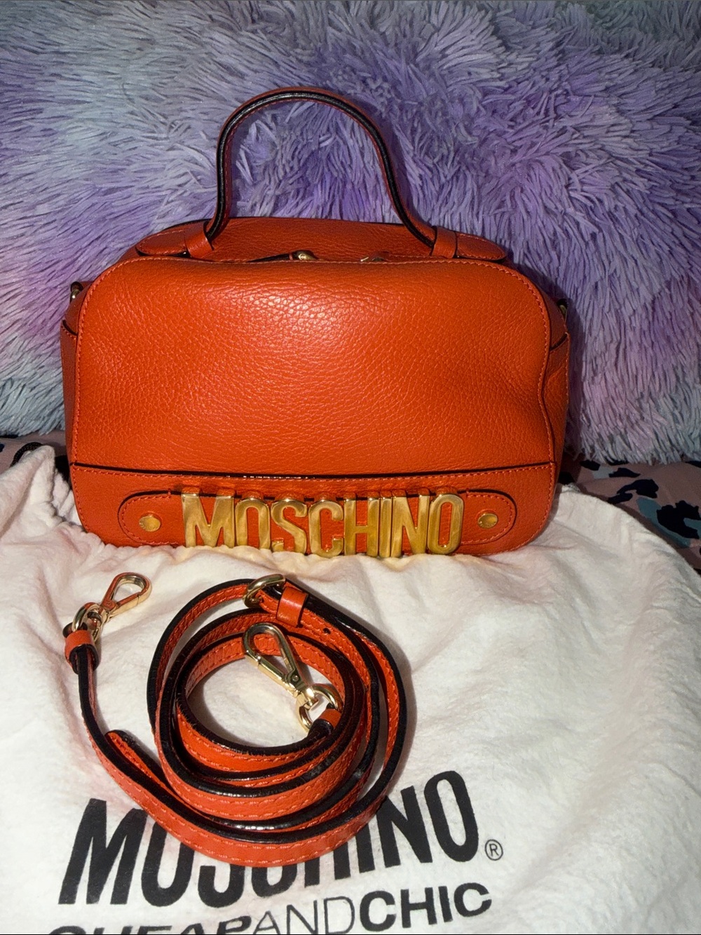 Moschino Orange Pebbled Leather Mini Top-Handle Bag with Gold Logo